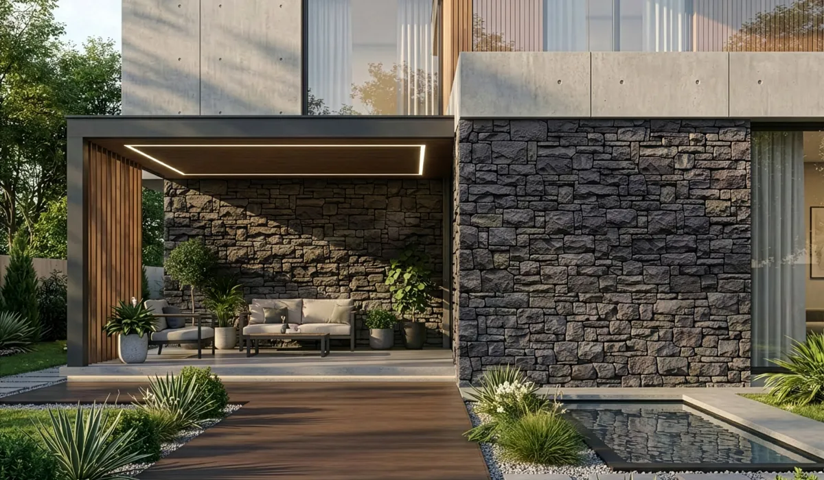 Modern minimalist house exterior with a covered patio, stone-clad walls, wooden accents, outdoor seating, and a small reflecting pool surrounded by landscaped greenery.