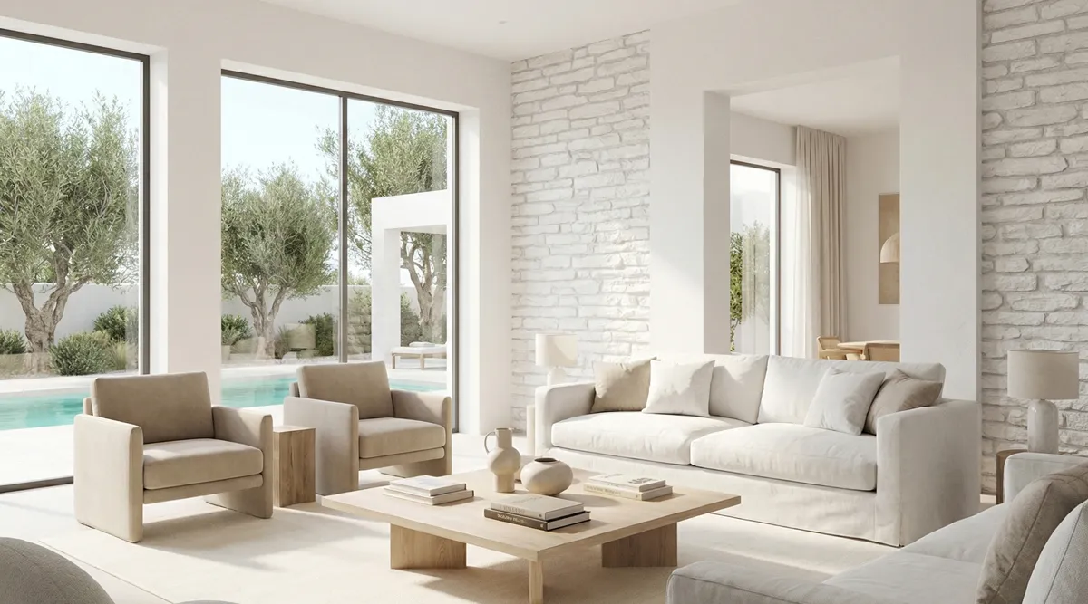 Armorique White Modern villa living room ominated by white color