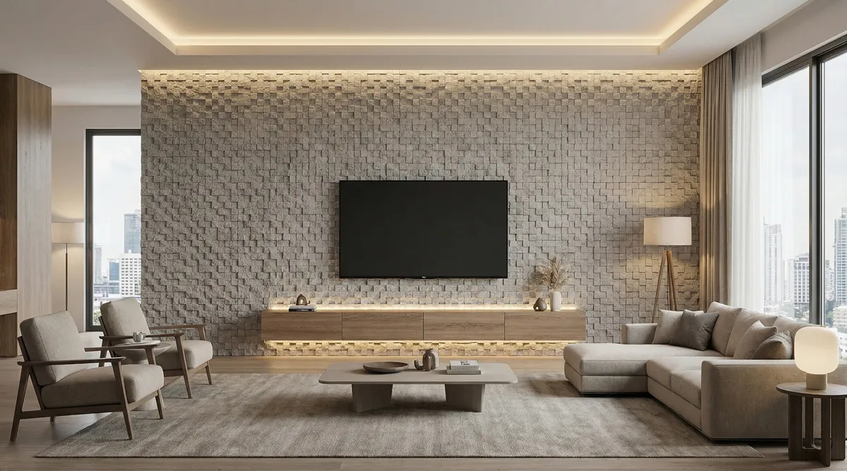 A modern living room interior with a full TV feature wall covered entirely with Delos