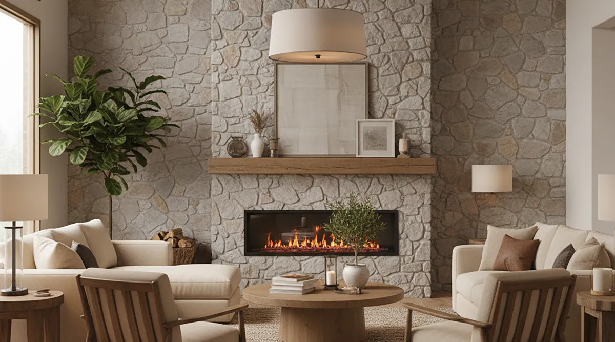 Fieldstone Light Gray. A warm and cozy living room featuring a fireplace wall fully covered