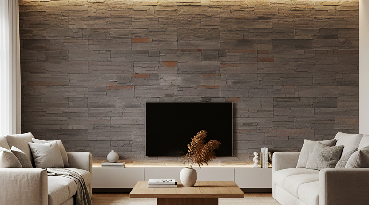 Minimalist living room interior with a full accent wall covered with Sierra Gray