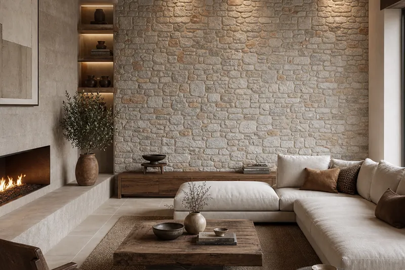 Rustic‑modern living room with cladding stone wall cladding, a built‑in fireplace, and warm lighting creating a cozy atmosphere.