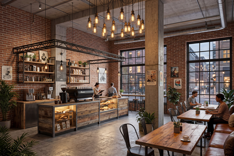 Industrial café interior with exposed brick wall cladding, wooden counters, hanging pendant lights, and large windows creating a warm urban atmosphere.
