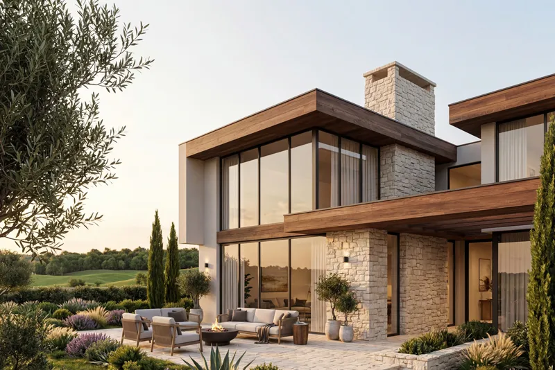 Luxury home with cladding stone façade and modern architecture.