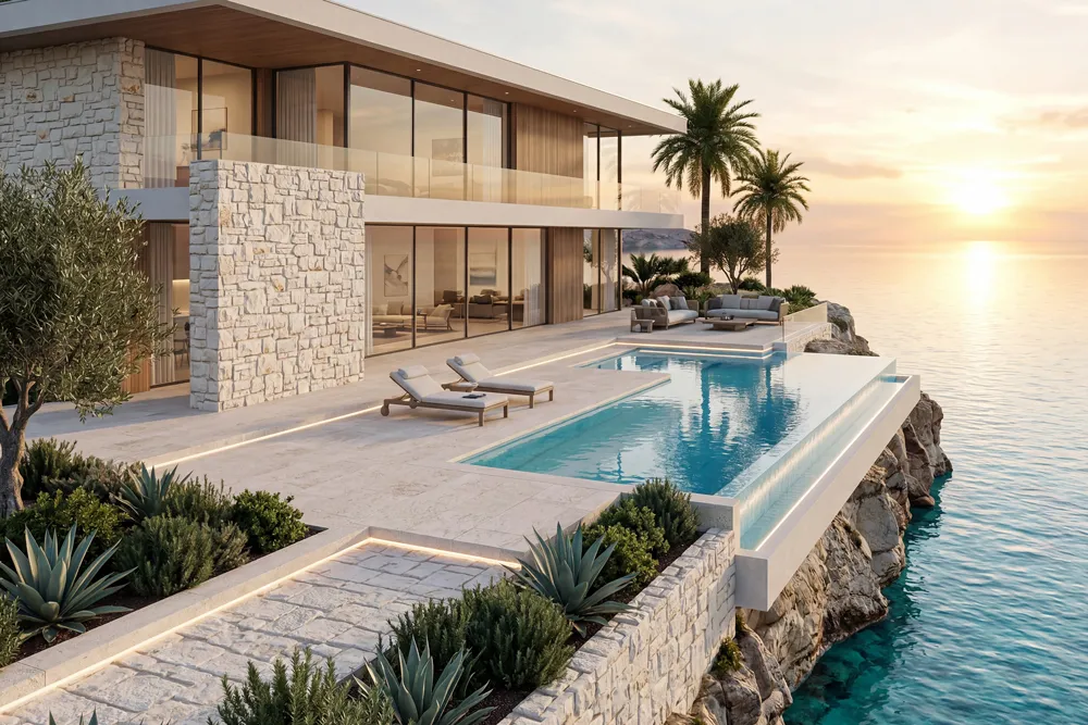 Dion Cream_A stunning modern luxury seaside villa perched on a coastal cliff with panoramic sea
