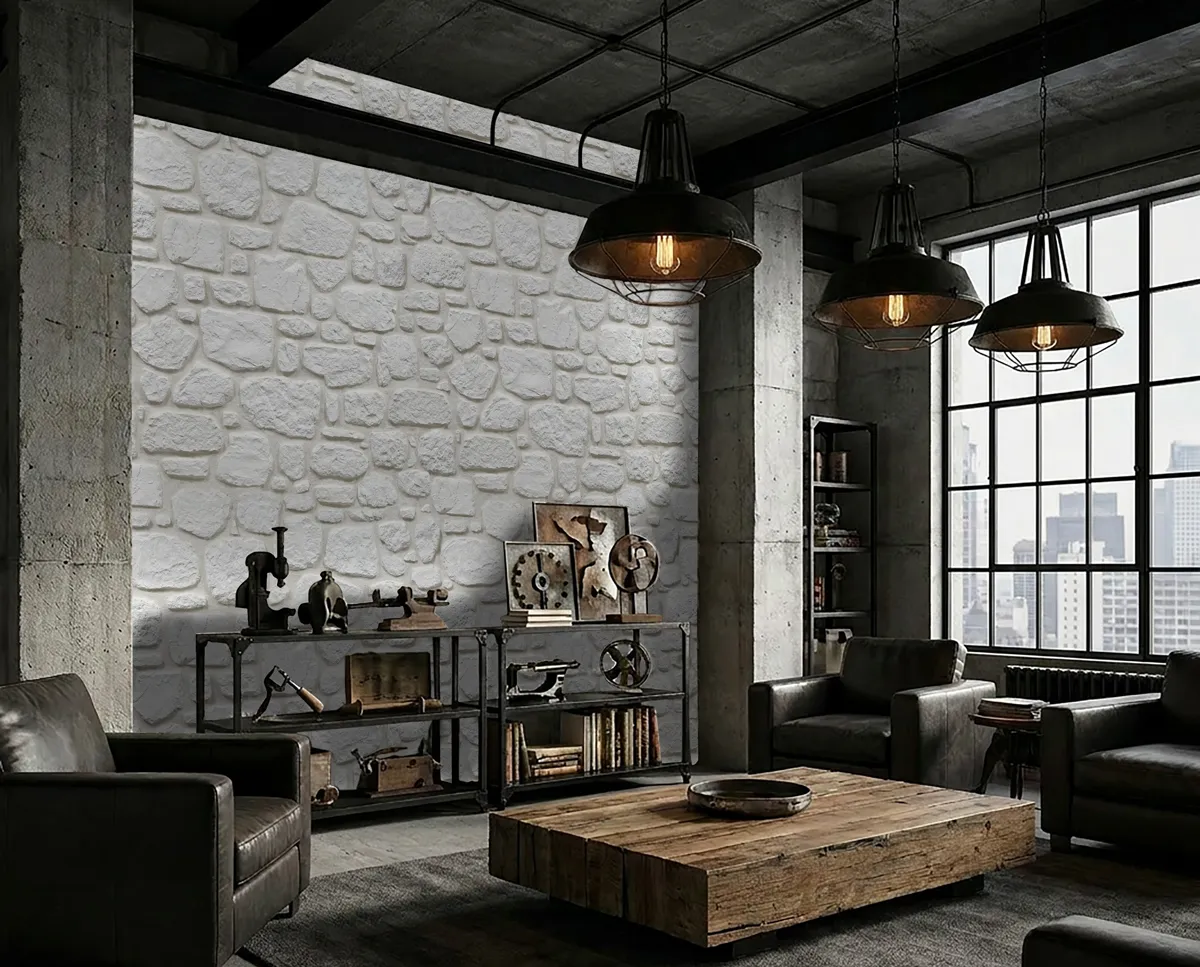 Industrial living room with white stone wall and large windows