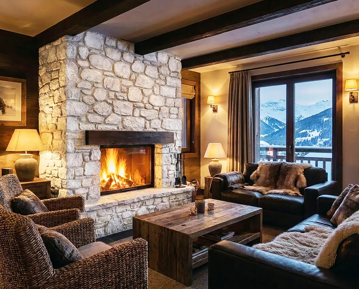 Cozy chalet interior with white stone fireplace and snowy mountain view through large windows