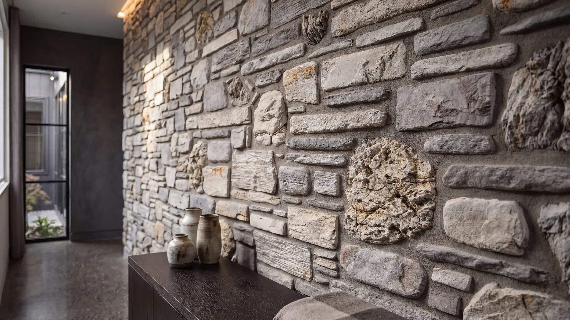 Modern interior with a textured stone cladding feature wall combining rectangular and organic relief stones, soft natural lighting, and minimalist décor with ceramic vases on a wooden console