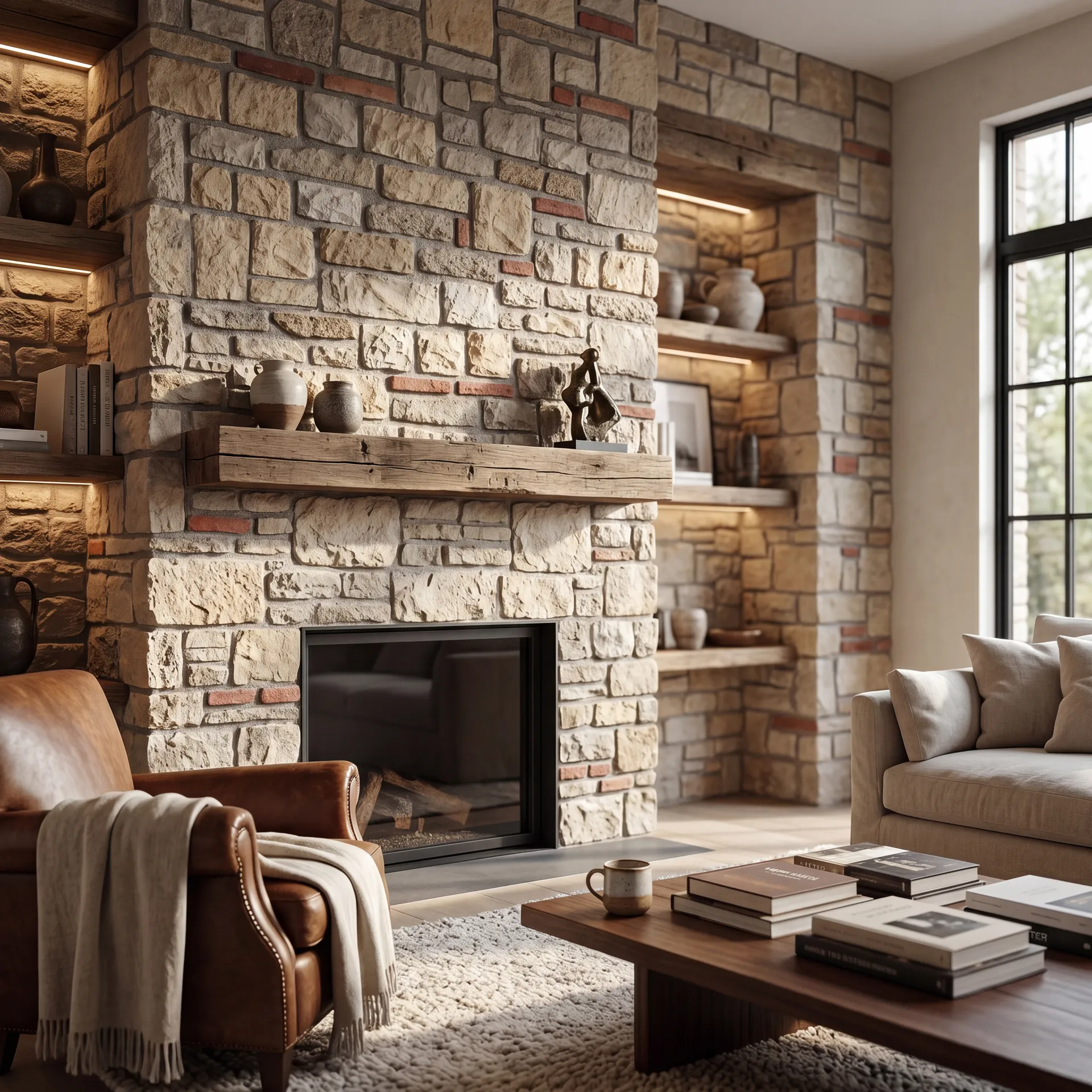 Textured stone fireplace wall with rustic wooden mantel, built-in shelves and warm ambient lighting in a modern cozy living room