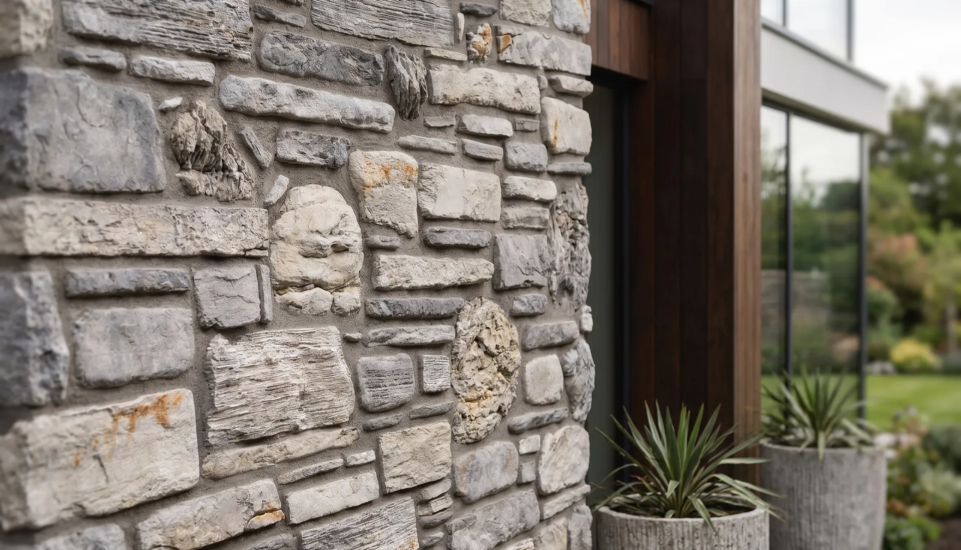 Mixed stone cladding exterior wall with modern wood façade and garden setting.