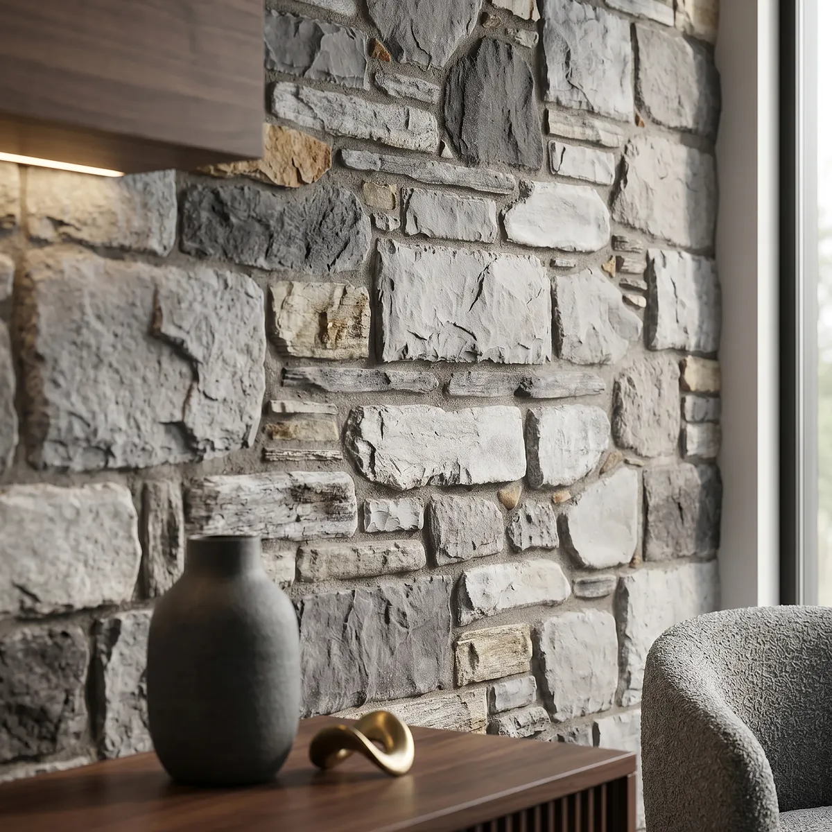 Modern stone cladding wall in neutral tones with natural light interior setting